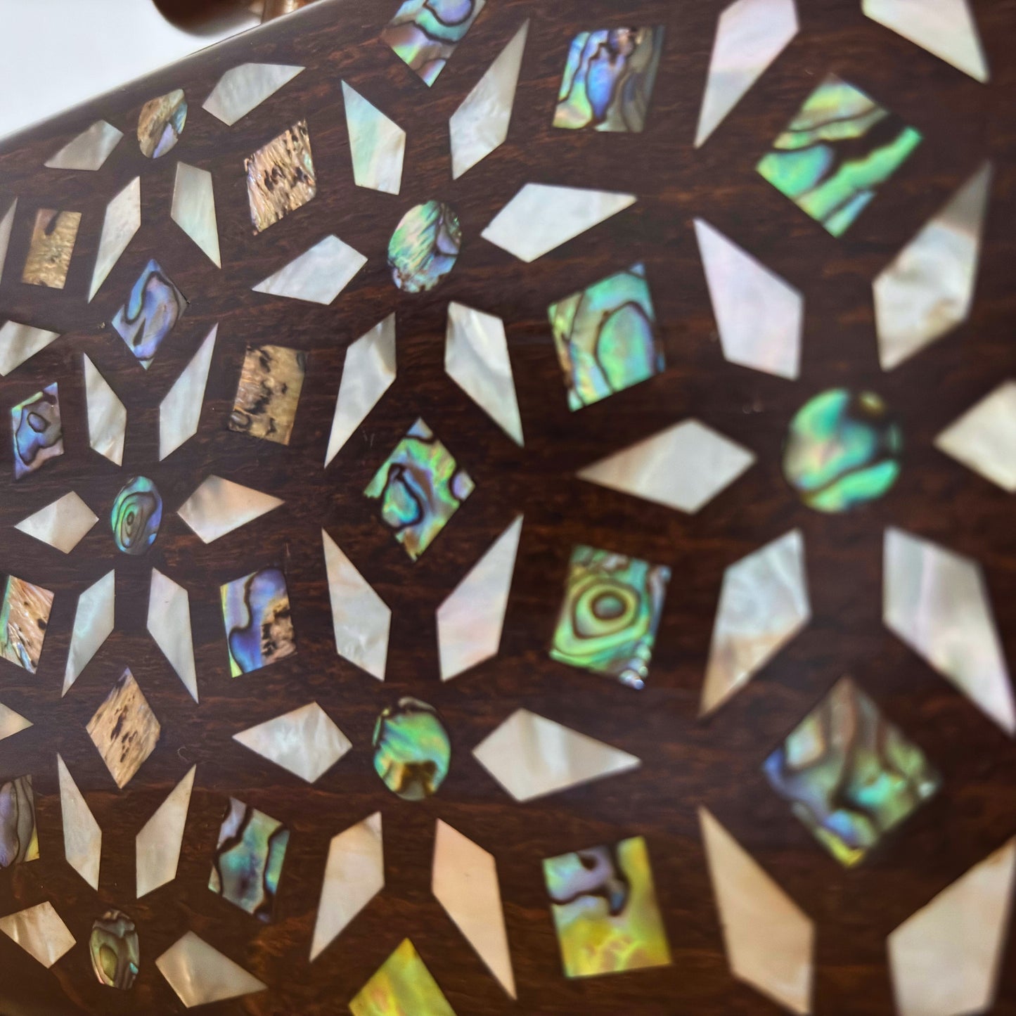 The Garden of Secrets – Handcrafted Damascene Walnut Clutch with Geometric & Botanical Mother of Pearl Inlay