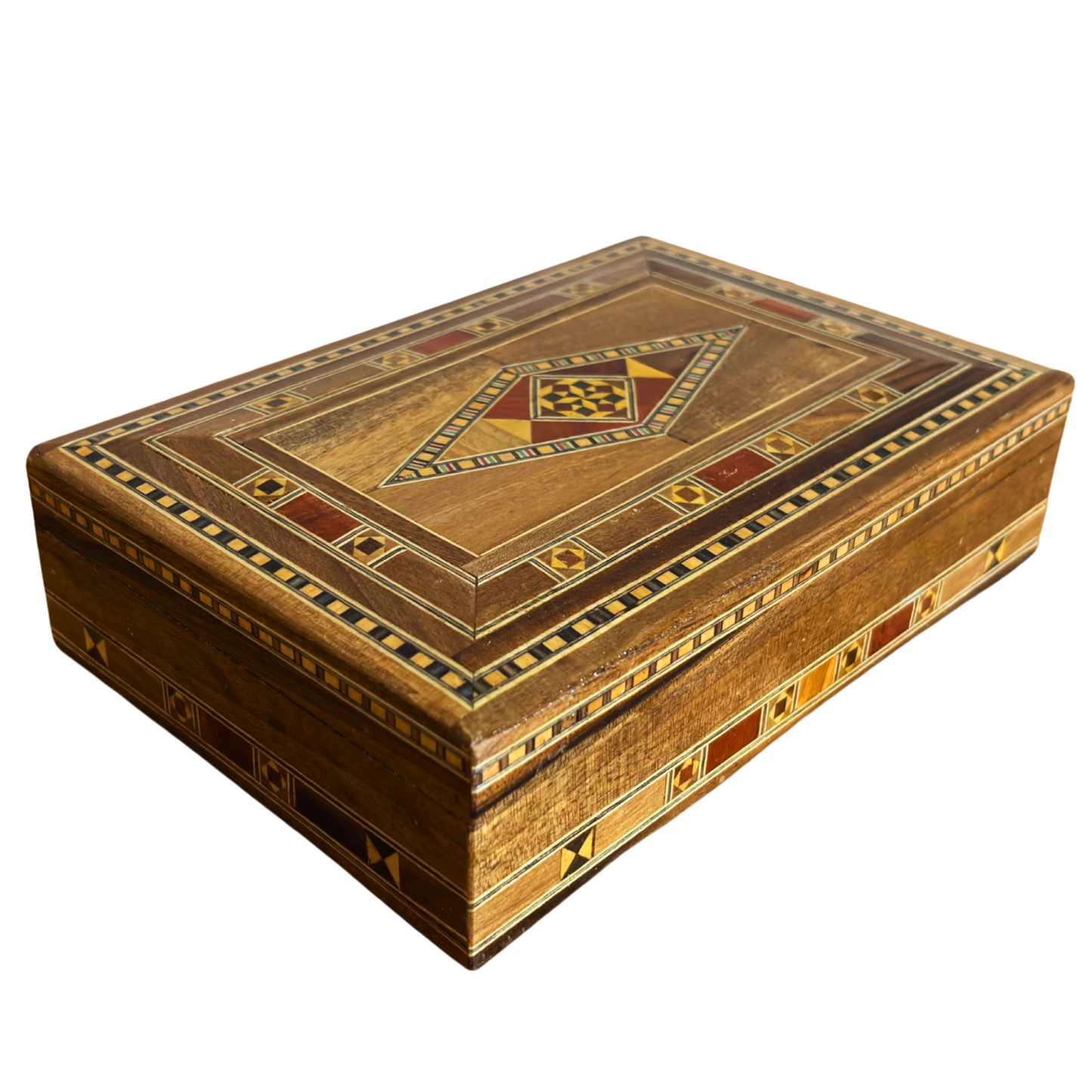 Élégante boîte à bijoux damascène rectangulaire – Fabriquée à la main en hêtre, eucalyptus et bois de citronnier