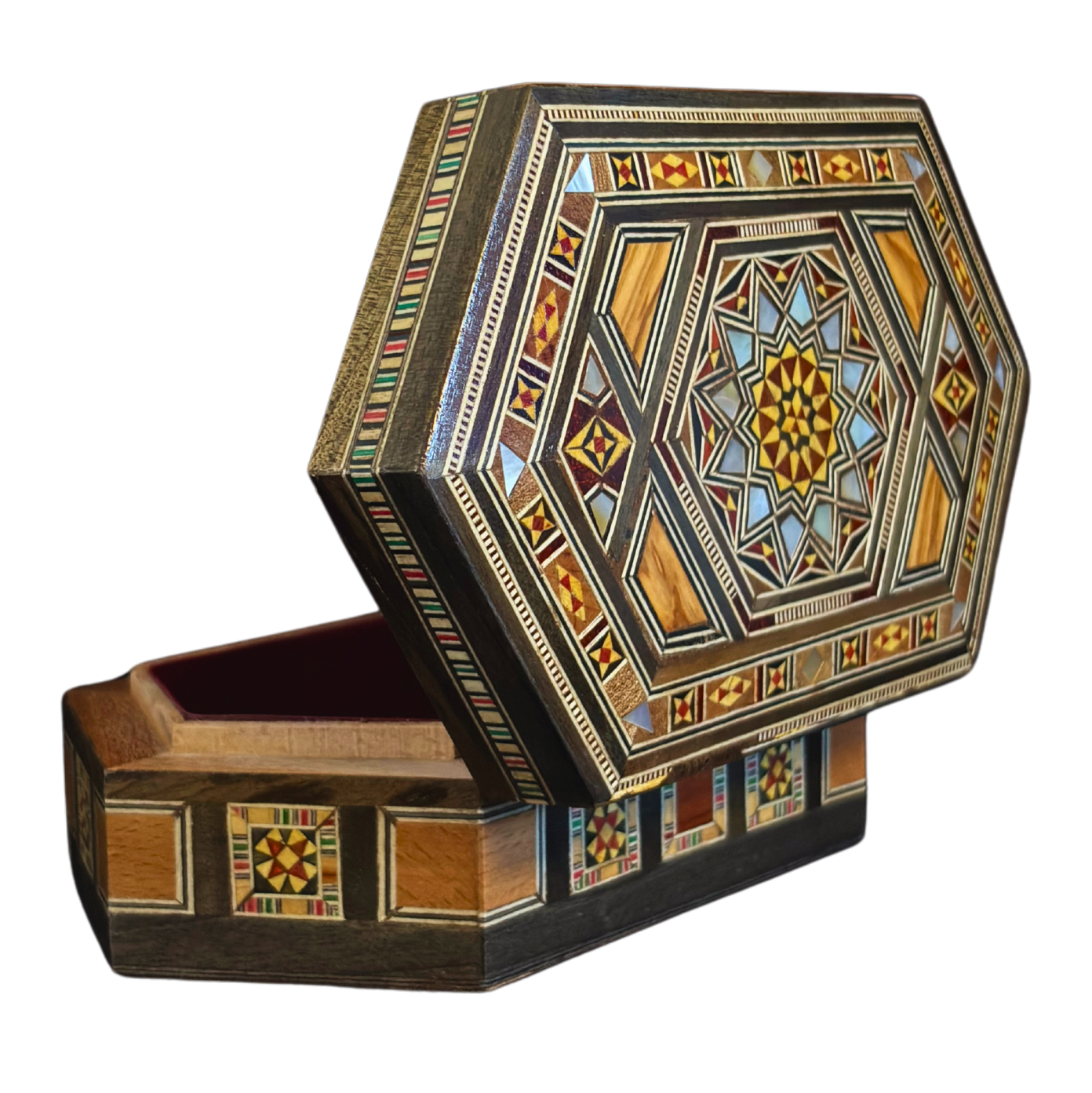 Caja de Mosaico Damasceno Hecha a Mano – Nácar y Terciopelo