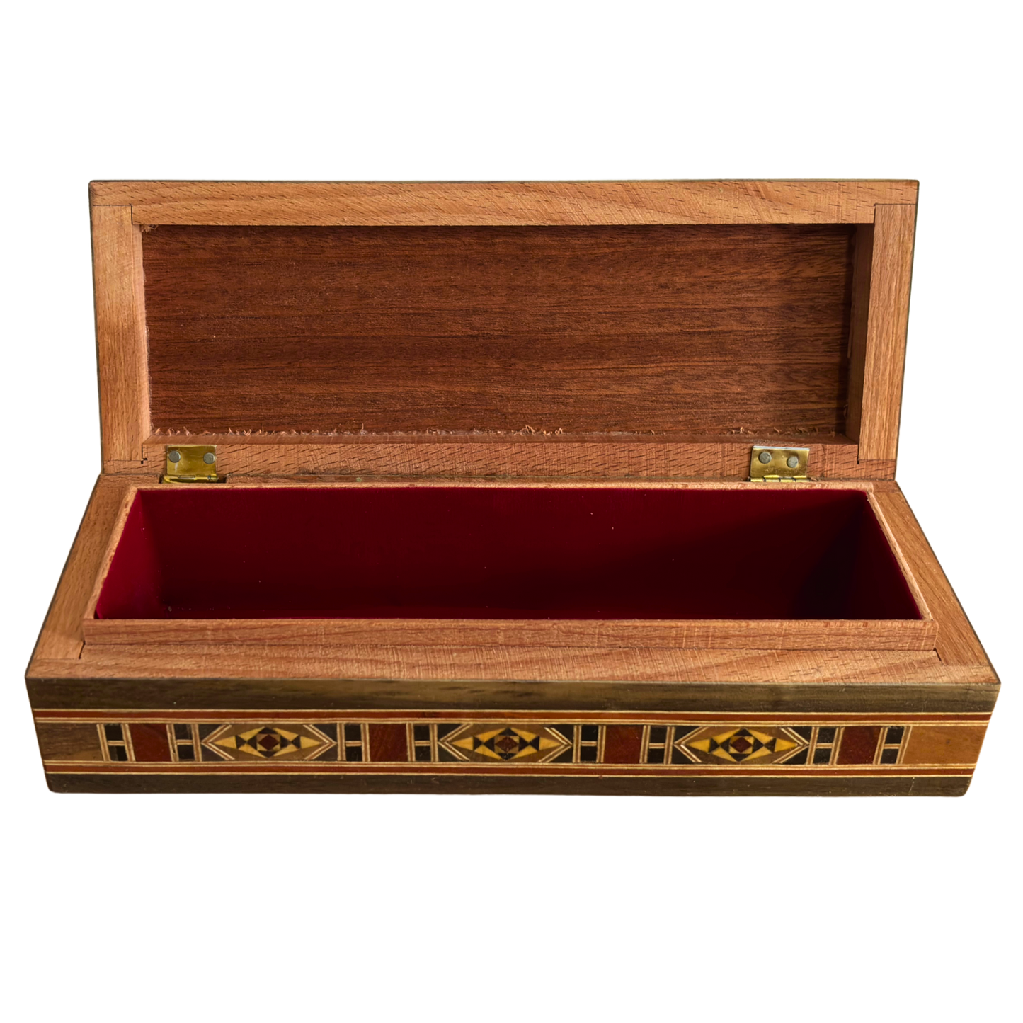 Boîte longue rectangulaire artisanale en mosaïque damascène pour stylos et bijoux, incrustation en nacre, artisanat oriental syrien