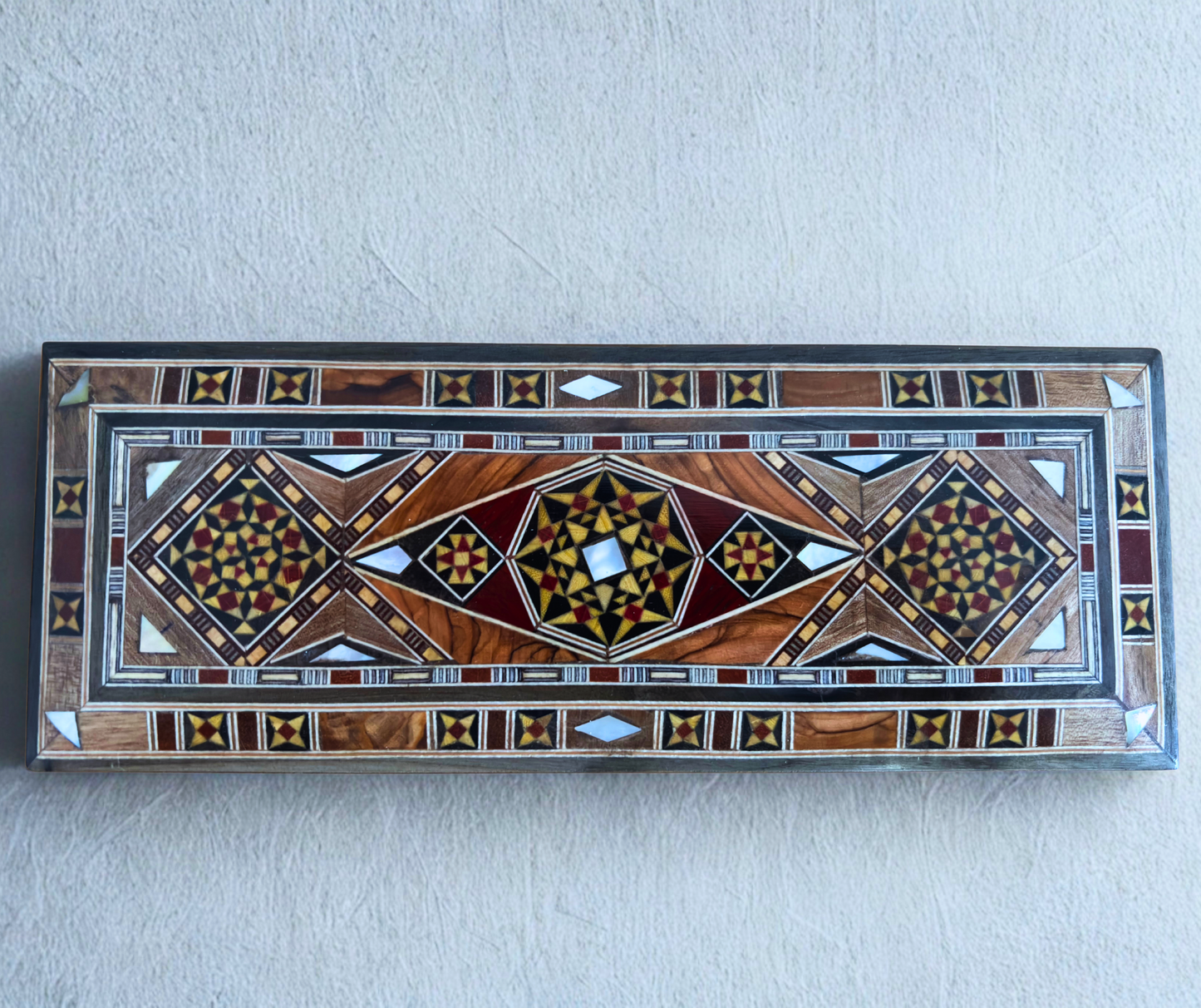 Boîte longue rectangulaire artisanale en mosaïque damascène pour stylos et bijoux, incrustation en nacre, artisanat oriental syrien