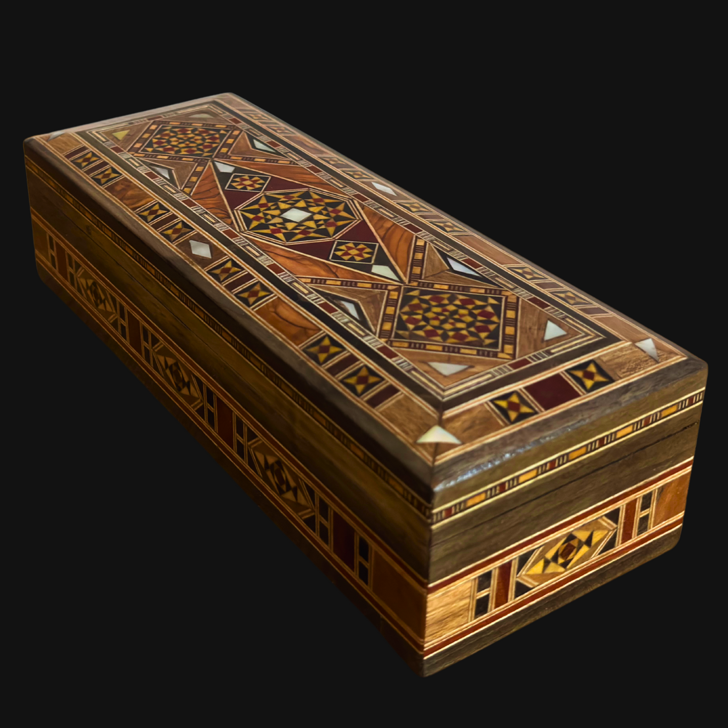 Boîte longue rectangulaire artisanale en mosaïque damascène pour stylos et bijoux, incrustation en nacre, artisanat oriental syrien