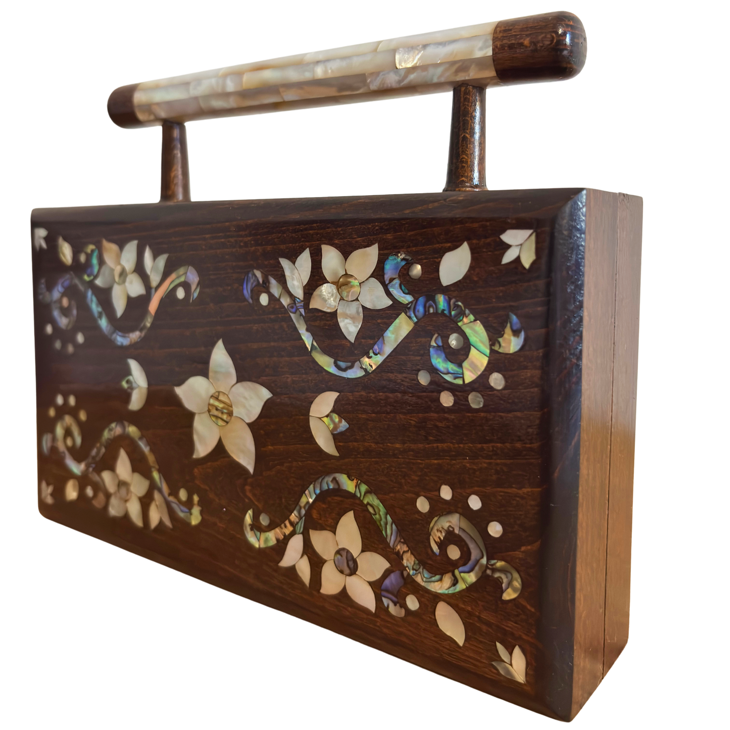 The Garden of Noor – Handcrafted Damascene Walnut Clutch with Floral Mother of Pearl Inlay