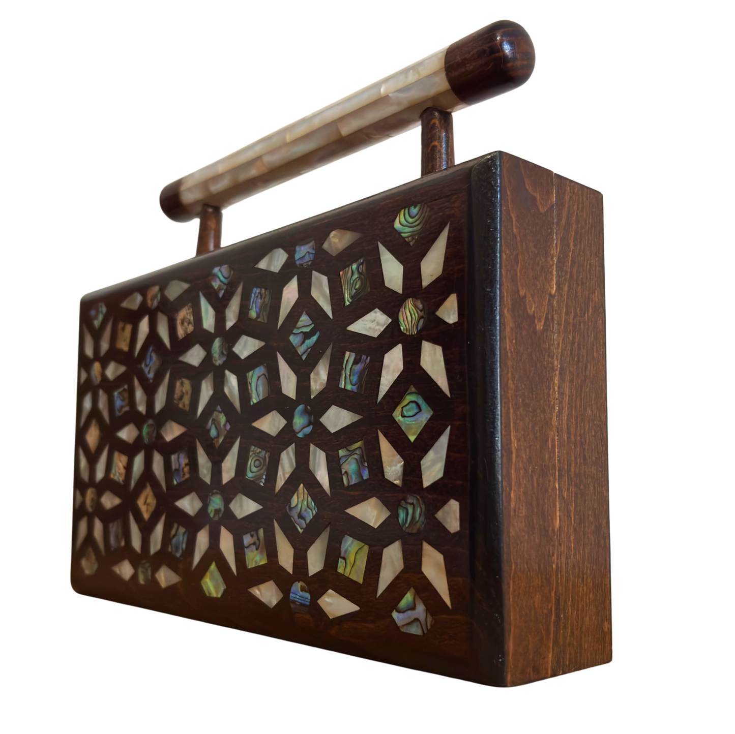The Garden of Secrets – Handcrafted Damascene Walnut Clutch with Geometric & Botanical Mother of Pearl Inlay