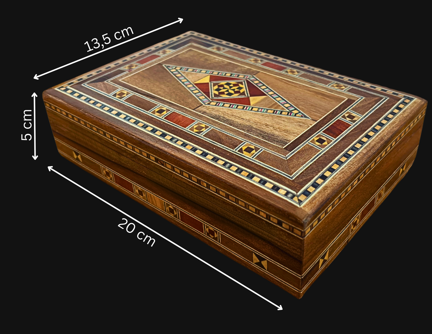 Élégante boîte à bijoux damascène rectangulaire – Fabriquée à la main en hêtre, eucalyptus et bois de citronnier