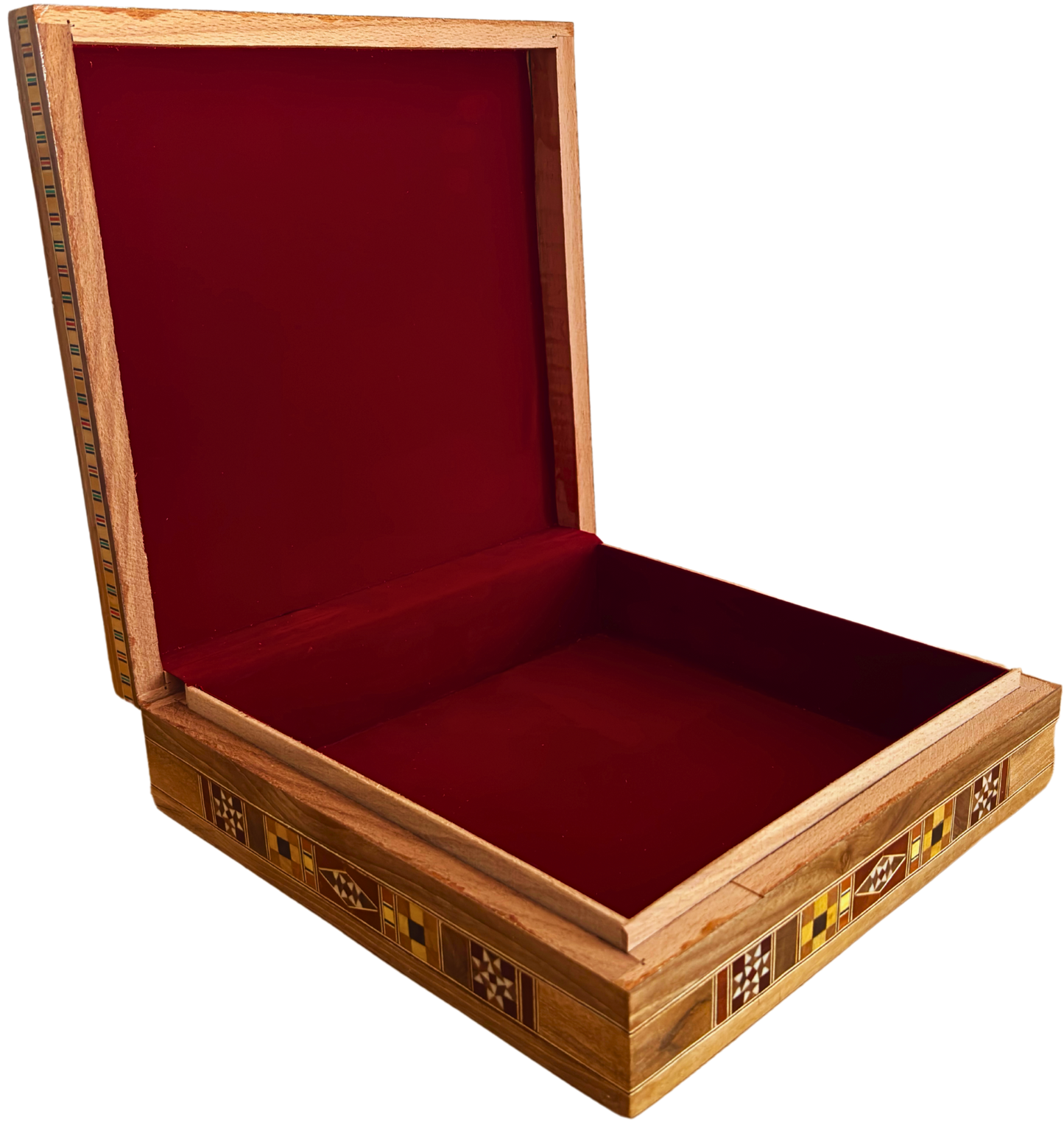 Grande Boîte à Mosaïque Damascène – Coffret Carré à Bijoux Artisanale avec Incrustation de Bois Fin et Intérieur en Velours