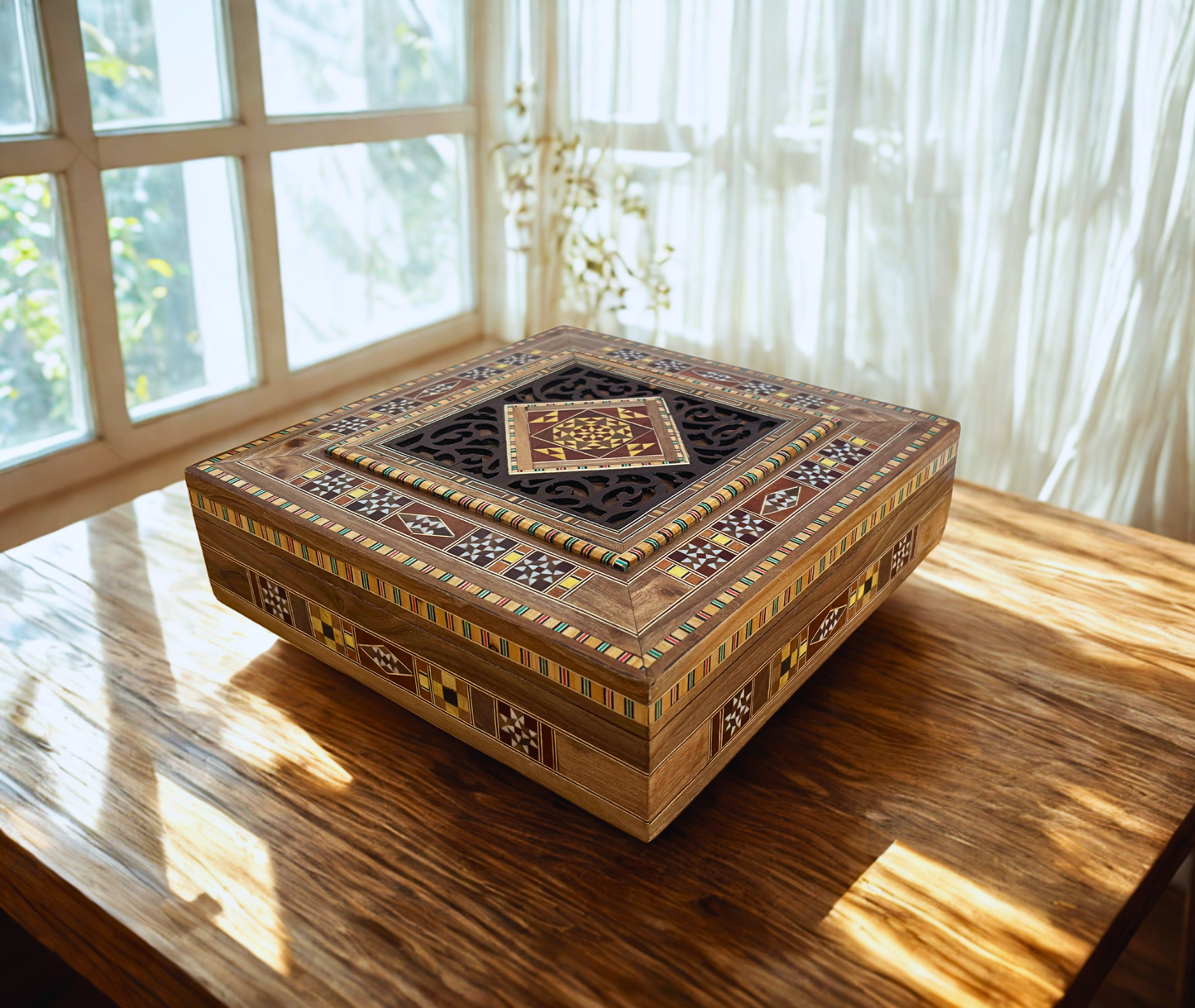 Grande Boîte à Mosaïque Damascène – Coffret Carré à Bijoux Artisanale avec Incrustation de Bois Fin et Intérieur en Velours