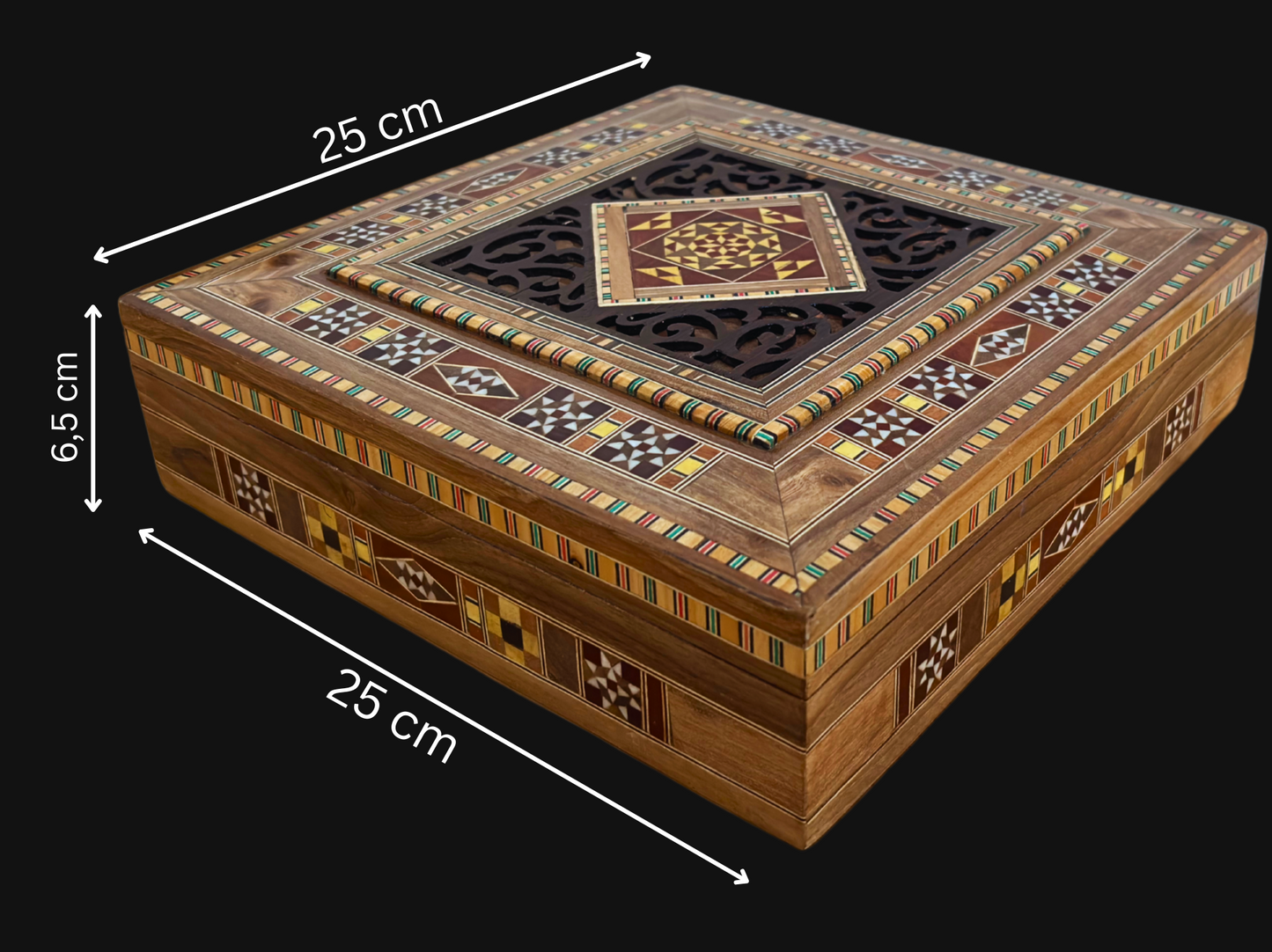 Grande Boîte à Mosaïque Damascène – Coffret Carré à Bijoux Artisanale avec Incrustation de Bois Fin et Intérieur en Velours