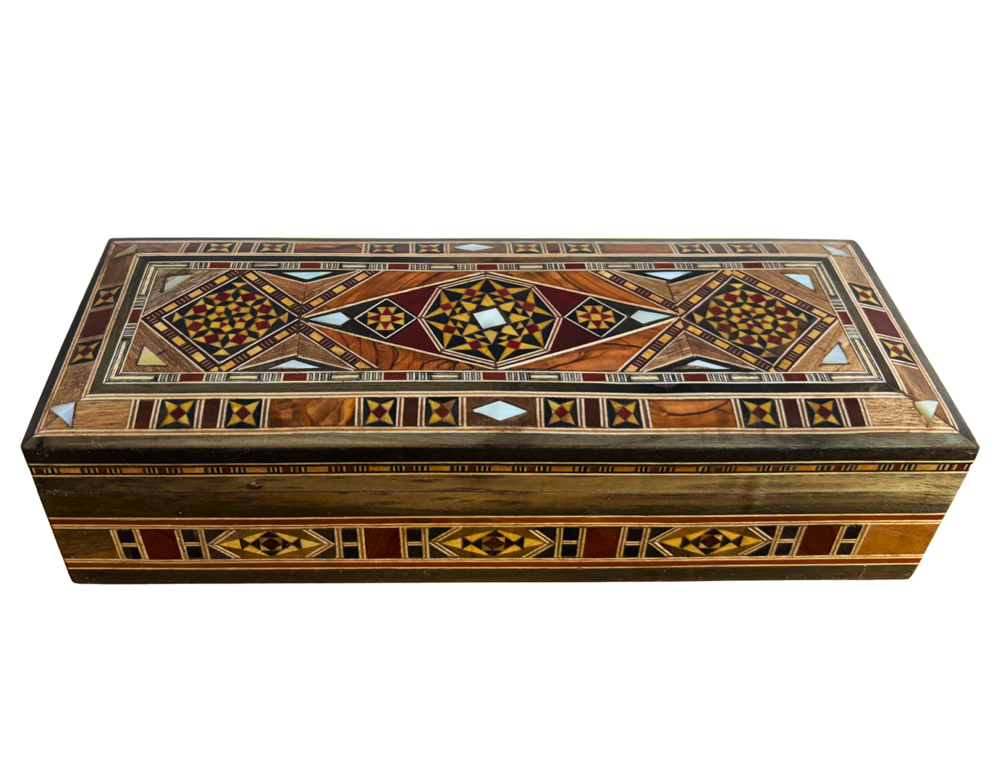 Boîte longue rectangulaire artisanale en mosaïque damascène pour stylos et bijoux, incrustation en nacre, artisanat oriental syrien