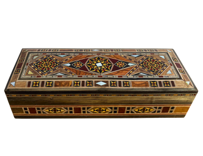 Boîte longue rectangulaire artisanale en mosaïque damascène pour stylos et bijoux, incrustation en nacre, artisanat oriental syrien