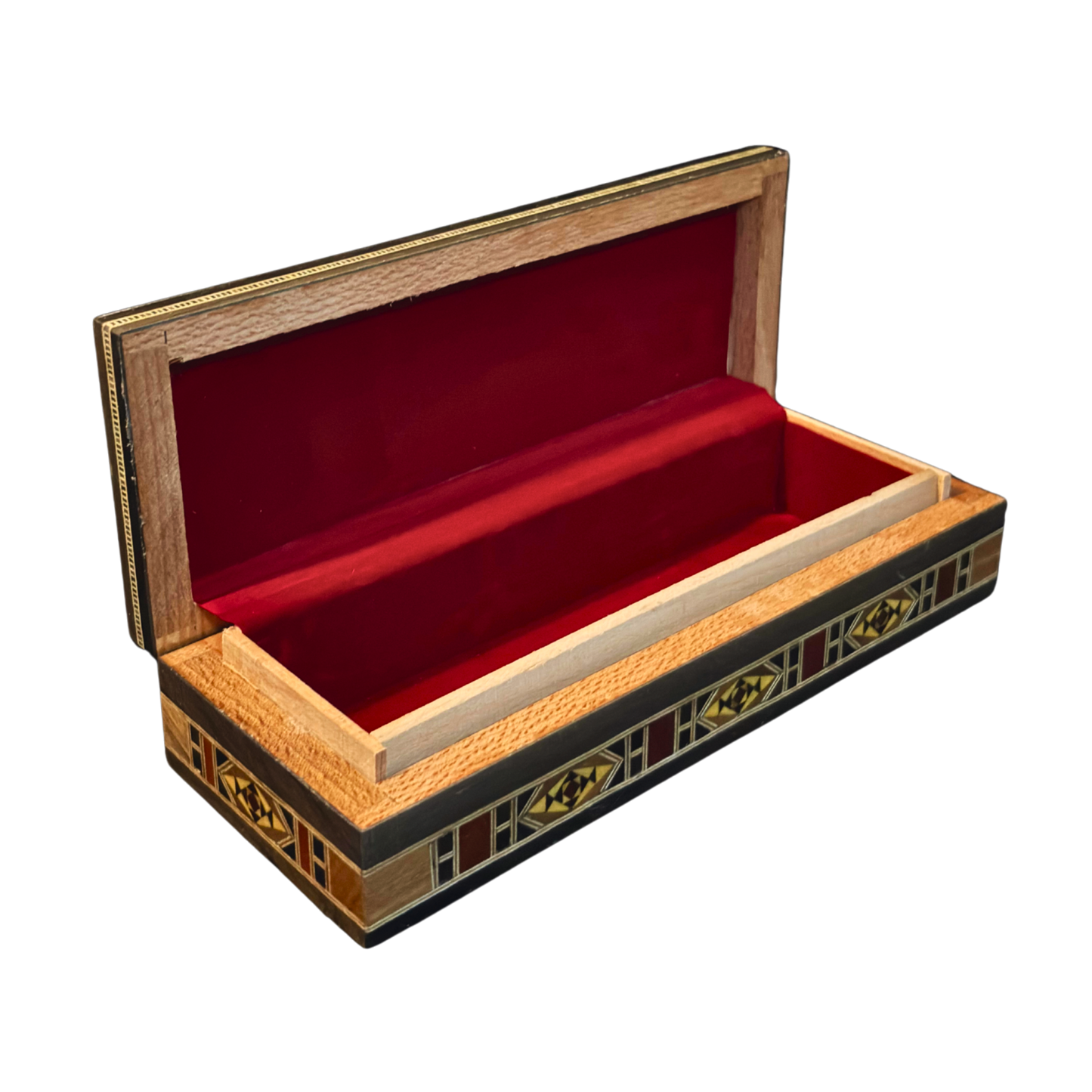 صندوق موزاييك دمشقي للأقلام والمجوهرات والمسبحة – فن مطعّم بالصدف
