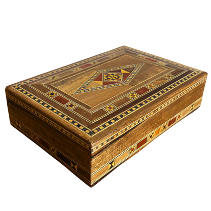 Élégante boîte à bijoux damascène rectangulaire – Fabriquée à la main en hêtre, eucalyptus et bois de citronnier
