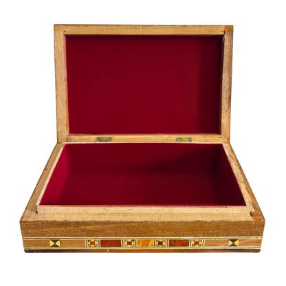 Élégante boîte à bijoux damascène rectangulaire – Fabriquée à la main en hêtre, eucalyptus et bois de citronnier