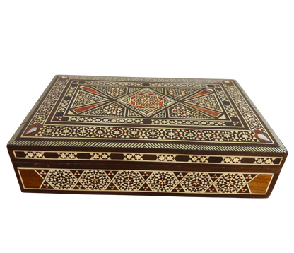 Caja de Joyero de Mosaico Damasceno Vintage 1970 – Incrustación Oriental Hecha a Mano con Nácar