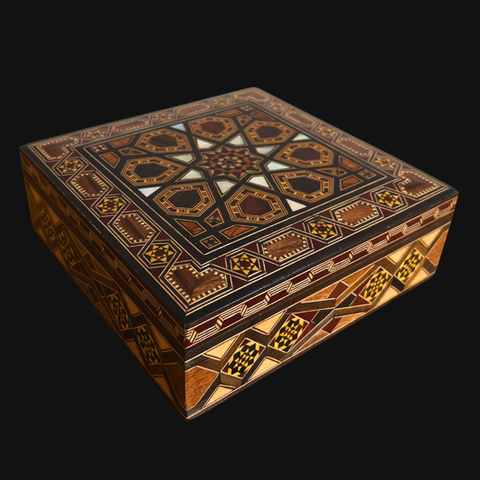 Handcrafted Damascene Mosaic Box by Master Gaby Al Dayeh – Mother of Pearl & Velvet Elegance