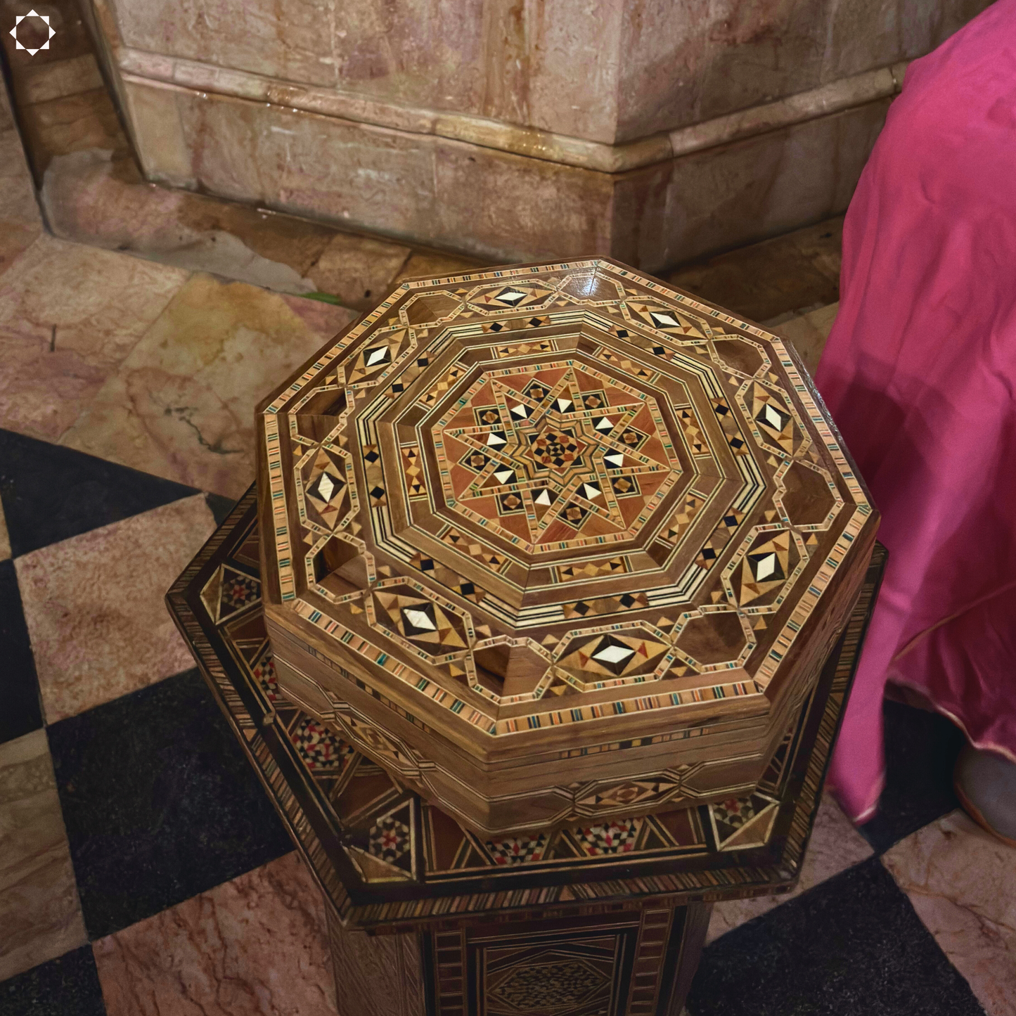 Damascene Mosaic Box – Handcrafted Wood with Wine-Red Velvet Interior