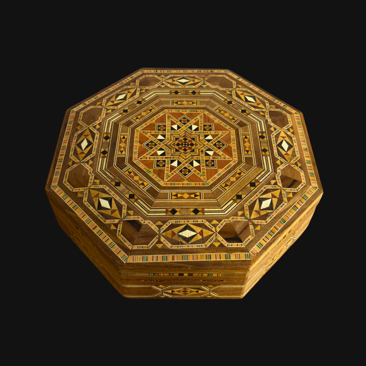 Damascene Mosaic Box – Handcrafted Wood with Wine-Red Velvet Interior