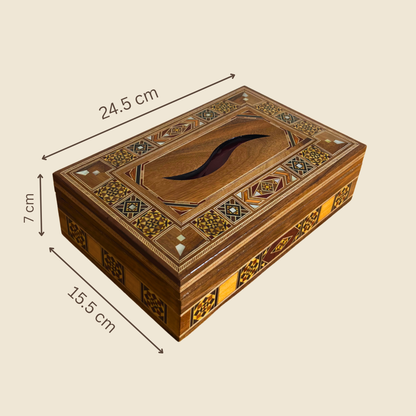 Elegante Porta Fazzoletti Damaschino in Legno – Incastro di Madreperla & Interno in Velluto