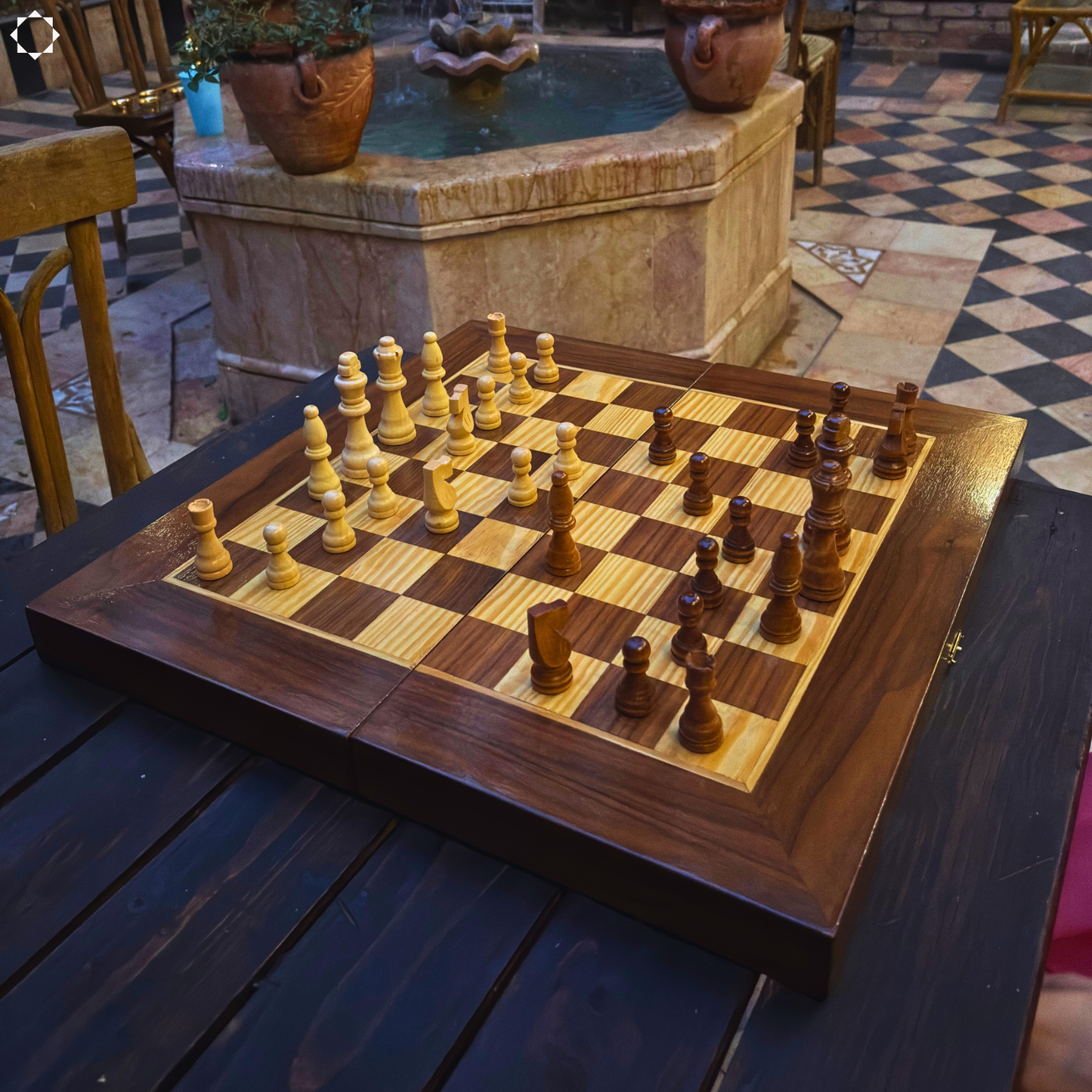 Handcrafted Damascene Chess & Backgammon Table by Gaby Al Dayeh – Classic Mosaic Design