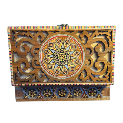 Handcrafted Damascene Mosaic Box – Mother of Pearl & Carved Elegance