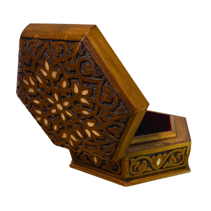 Luksusowa Ręcznie Rzeźbiona Szkatułka z Damaszku – Masa Perłowa & Aksamit