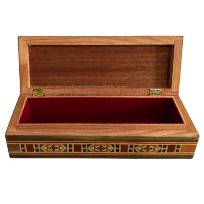 Boîte longue rectangulaire artisanale en mosaïque damascène pour stylos et bijoux, incrustation en nacre, artisanat oriental syrien