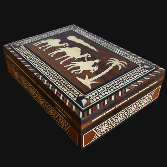Caja vintage de mosaico damasceno de los años 70, diseño de camello, caja artesanal siria para recuerdos