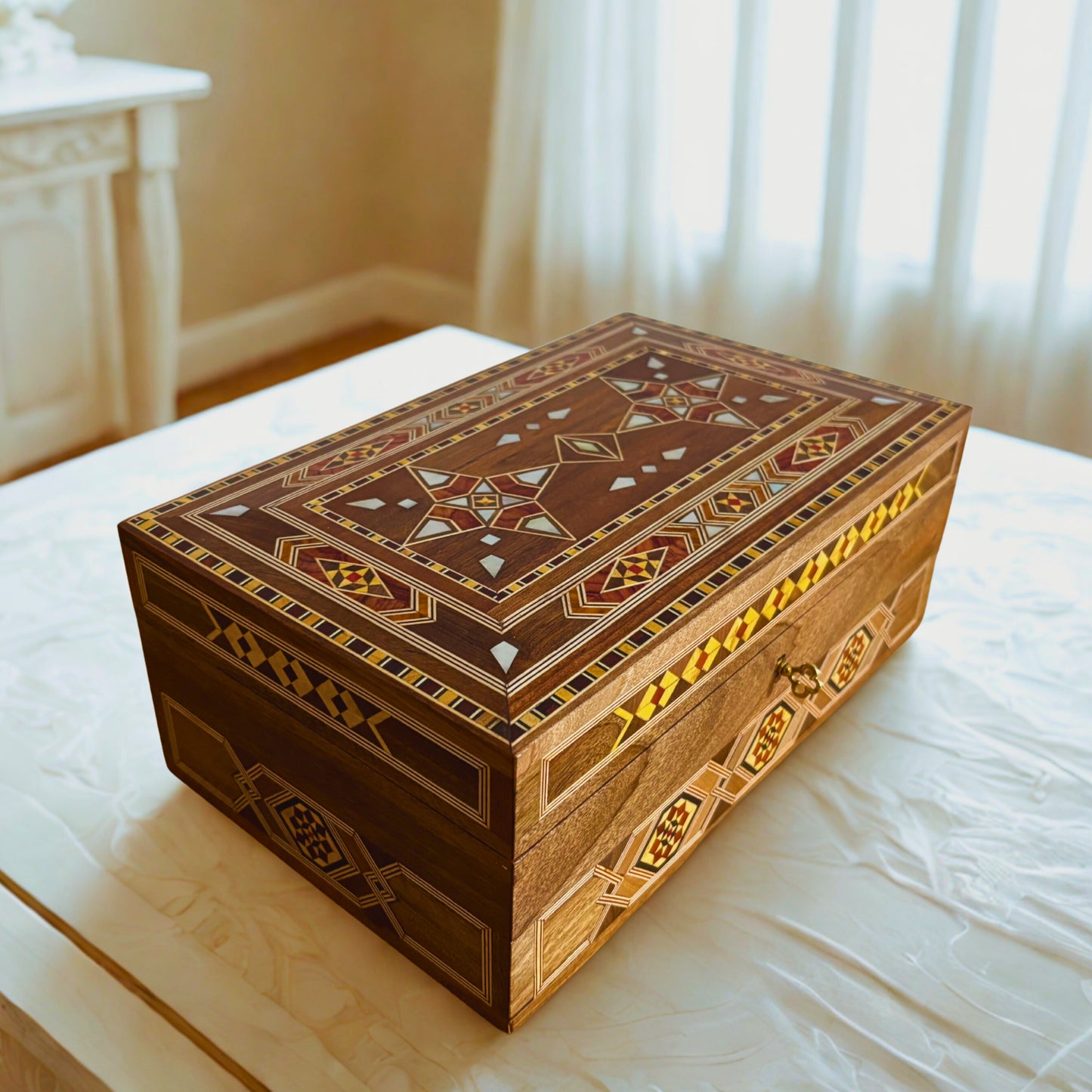 Damascene Mosaic Jewelry Box with Lock – Handcrafted Masterpiece