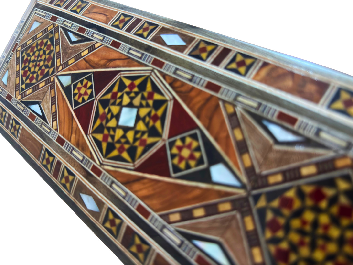 Boîte longue rectangulaire artisanale en mosaïque damascène pour stylos et bijoux, incrustation en nacre, artisanat oriental syrien