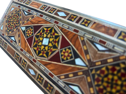 Boîte longue rectangulaire artisanale en mosaïque damascène pour stylos et bijoux, incrustation en nacre, artisanat oriental syrien