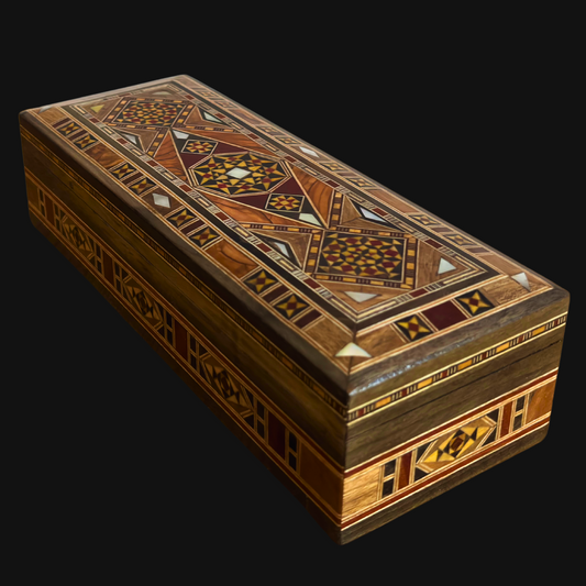 Boîte longue rectangulaire artisanale en mosaïque damascène pour stylos et bijoux, incrustation en nacre, artisanat oriental syrien