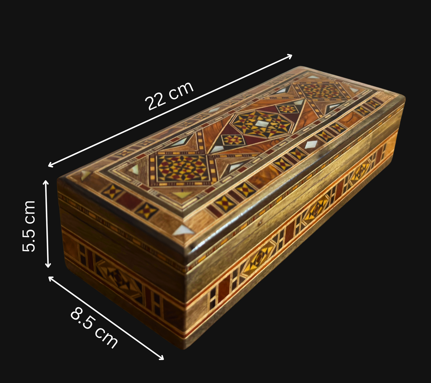 Boîte longue rectangulaire artisanale en mosaïque damascène pour stylos et bijoux, incrustation en nacre, artisanat oriental syrien