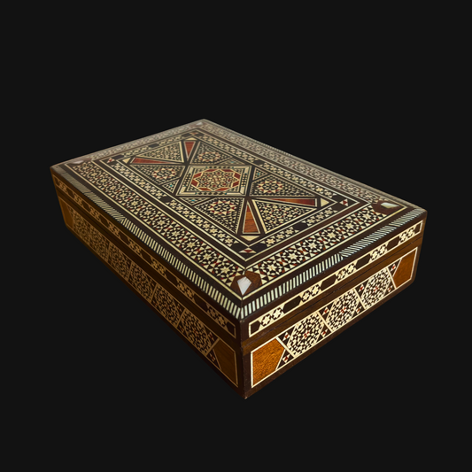 Caja de Joyero de Mosaico Damasceno Vintage 1970 – Incrustación Oriental Hecha a Mano con Nácar