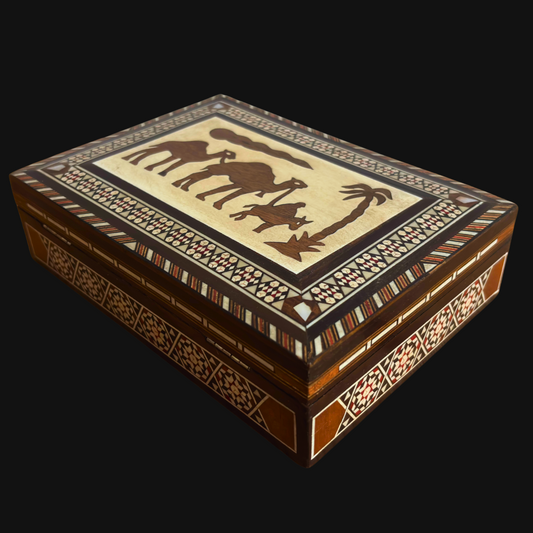 Caja vintage de joyería con mosaico de camello – Arte damasceno artesanal de 1970 con incrustación de perla