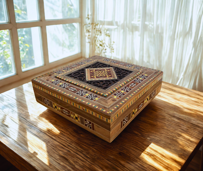 Grande Boîte à Mosaïque Damascène – Coffret Carré à Bijoux Artisanale avec Incrustation de Bois Fin et Intérieur en Velours