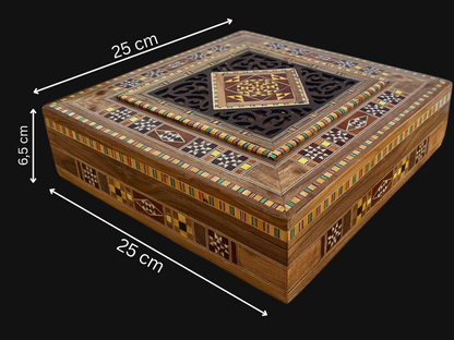 Grande Boîte à Mosaïque Damascène – Coffret Carré à Bijoux Artisanale avec Incrustation de Bois Fin et Intérieur en Velours