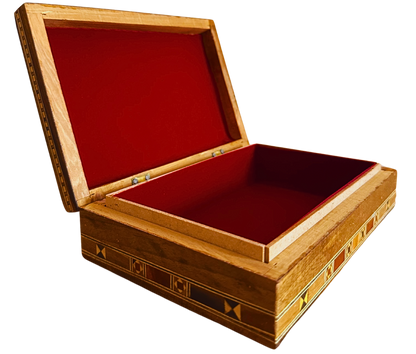 Élégante boîte à bijoux damascène rectangulaire – Fabriquée à la main en hêtre, eucalyptus et bois de citronnier
